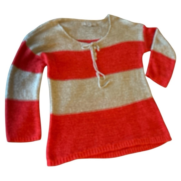LOFT Red and Tan V-Neck Sweater with Stripes - Picture 3 of 4